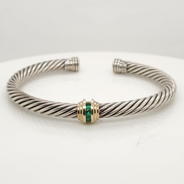 Pre - Owned David Yurman Sterling Silver and Yellow Gold Emerald Station Cuff Bracelet