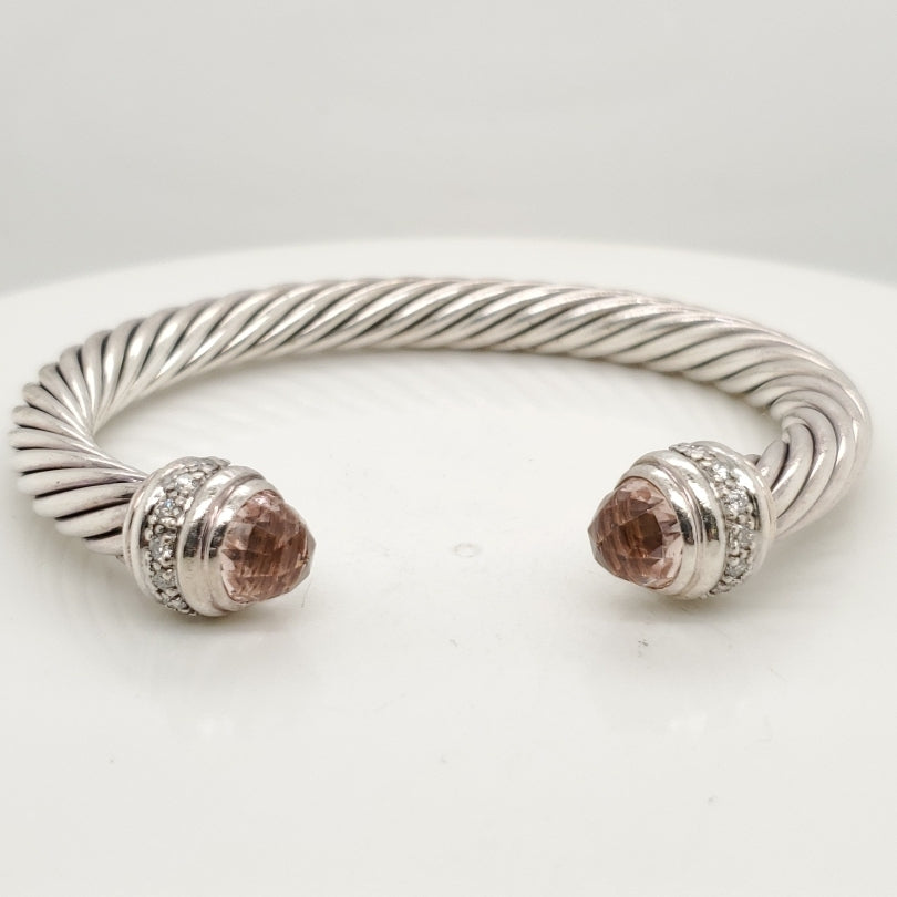 Pre - Owned David Yurman Sterling Silver Morganite and Diamond Cable Cuff Bracelet