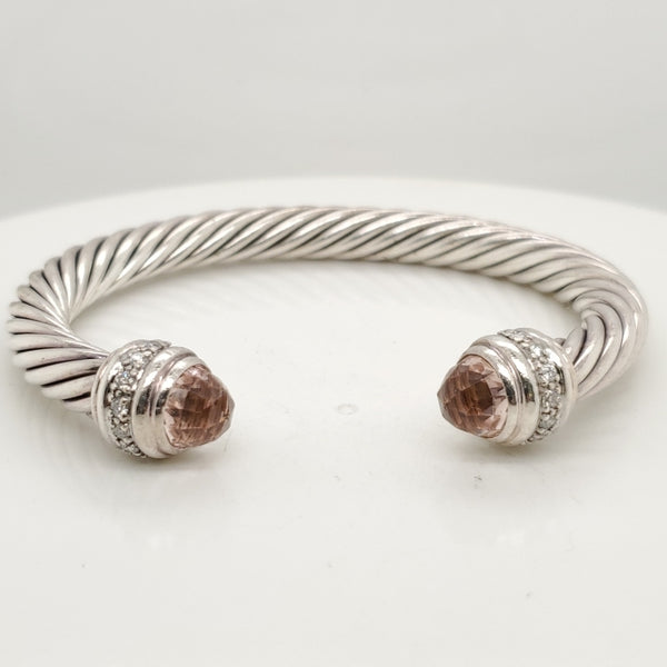 Pre - Owned David Yurman Sterling Silver Morganite and Diamond Cable Cuff Bracelet