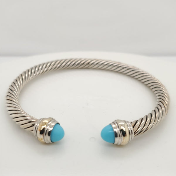 Pre - Owned David Yurman Sterling Silver And 14Kt Yellow Gold 5mm Turquoise Classic Cable Bracelet