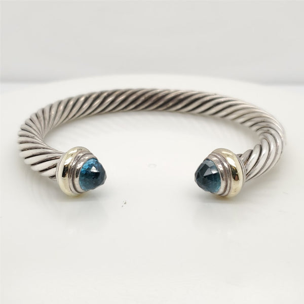 Pre - Owned David Yurman Sterling Silver And 14Kt Yellow Gold 7mm Blue Topaz Classic Cable Bracelet