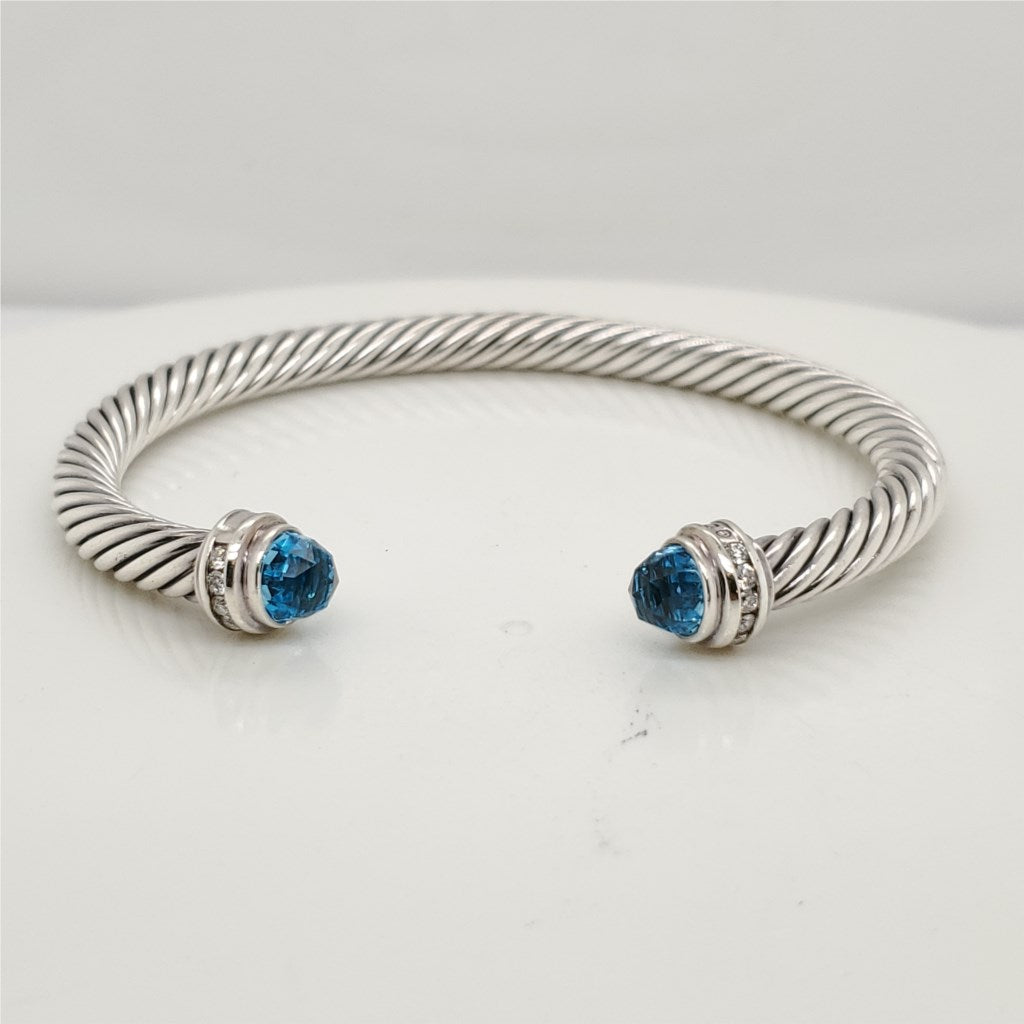 Pre - Owned David Yurman Sterling Silver Blue Topaz and Diamond Cable Cuff Bracelet