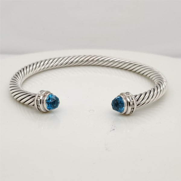 Pre - Owned David Yurman Sterling Silver Blue Topaz and Diamond Cable Cuff Bracelet