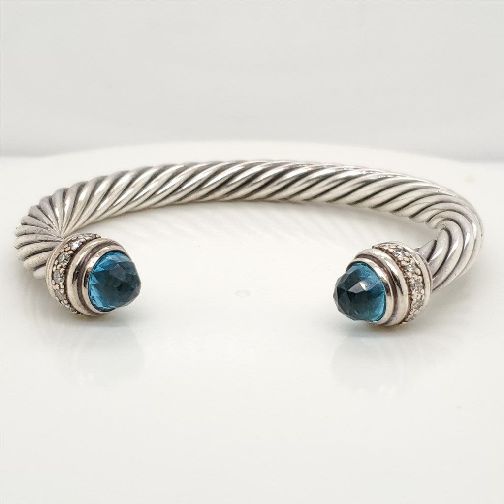 Pre - Owned David Yurman Sterling Silver blue topaz and Diamond Cable Cuff Bracelet