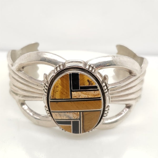 Vintage Francis Begay Native American Sterling Silver Gemstone Inlaid Cuff Bracelet