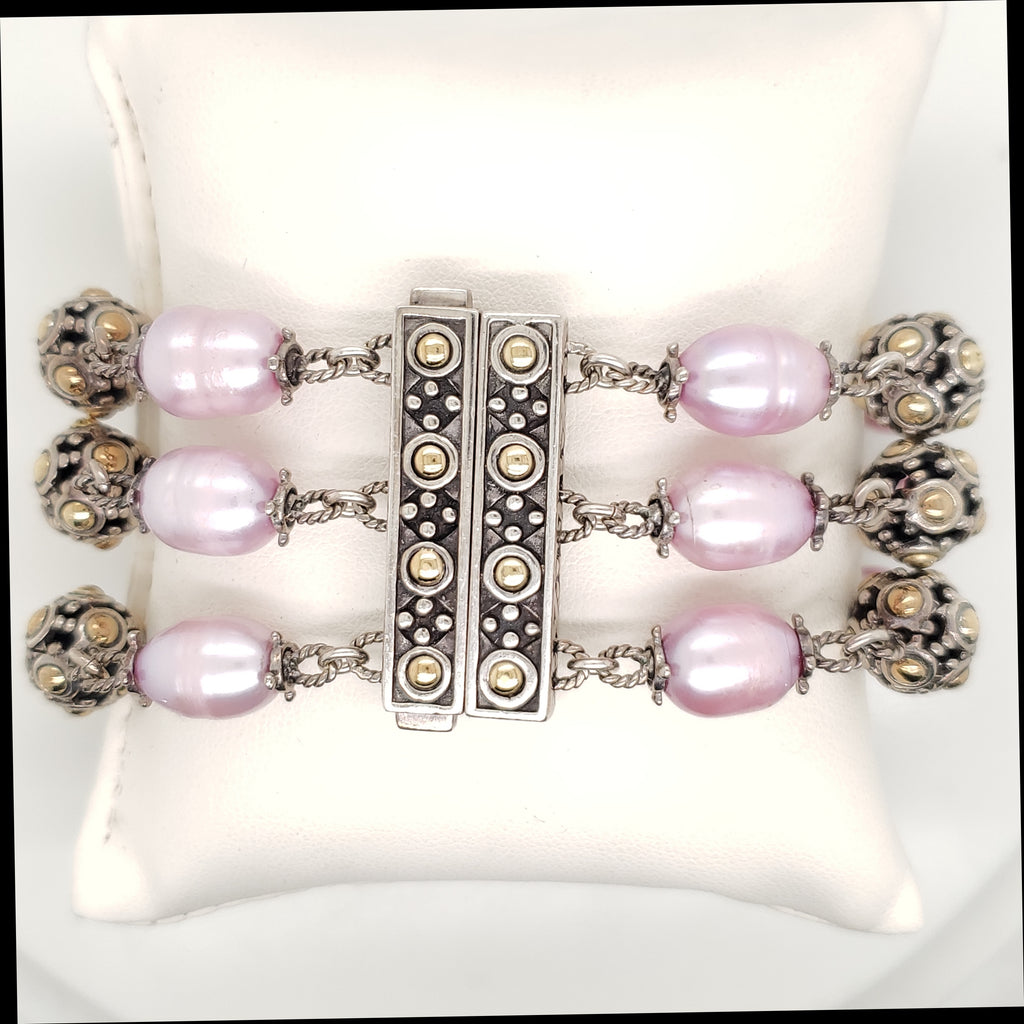 John Hardy  Sterling Silver and 18kt Yellow Gold Pink Pearl Bracelet