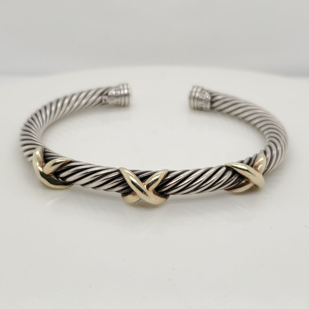 David Yurman Sterling Silver and 14kt Yellow Gold 5mm Cable Station Bracelet