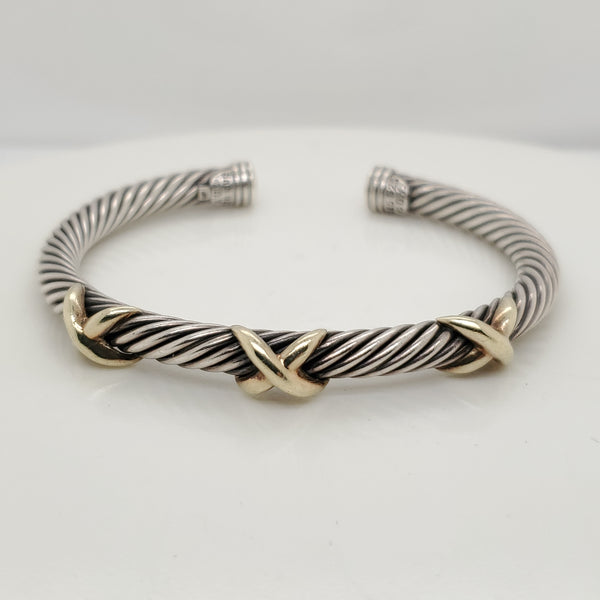 David Yurman Sterling Silver and 14kt Yellow Gold 5mm Cable Station Bracelet