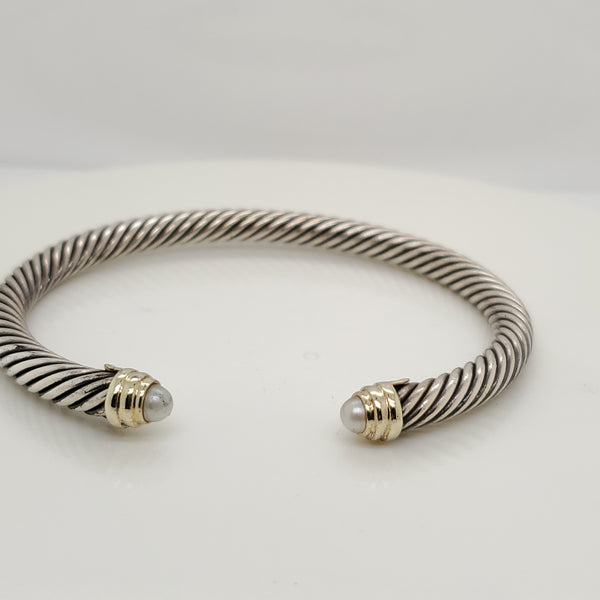 Pre - Owned David Yurman Sterling Silver Pearl  Cable Cuff Bracelet