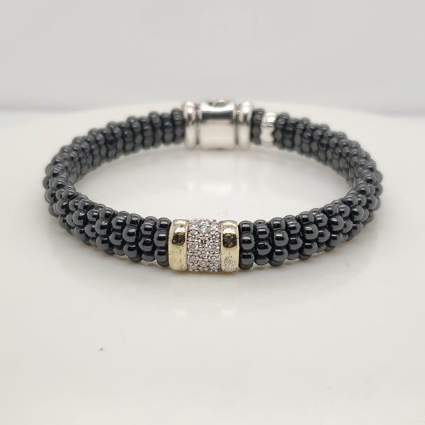 Lagos Caviar Sterling Silver with 18kt Yellow Gold Hematite and Diamond Bracelet
