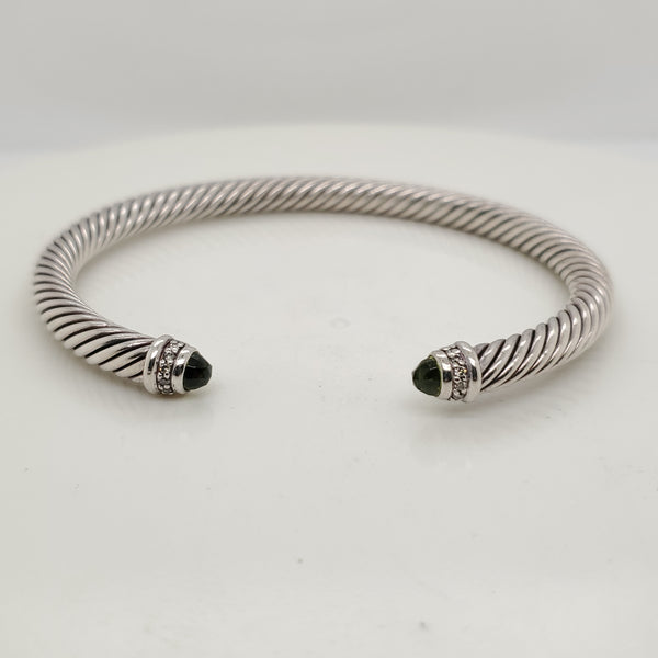 Pre - Owned David Yurman Sterling SilverPeridot and Diamond  Cable Cuff Bracelet