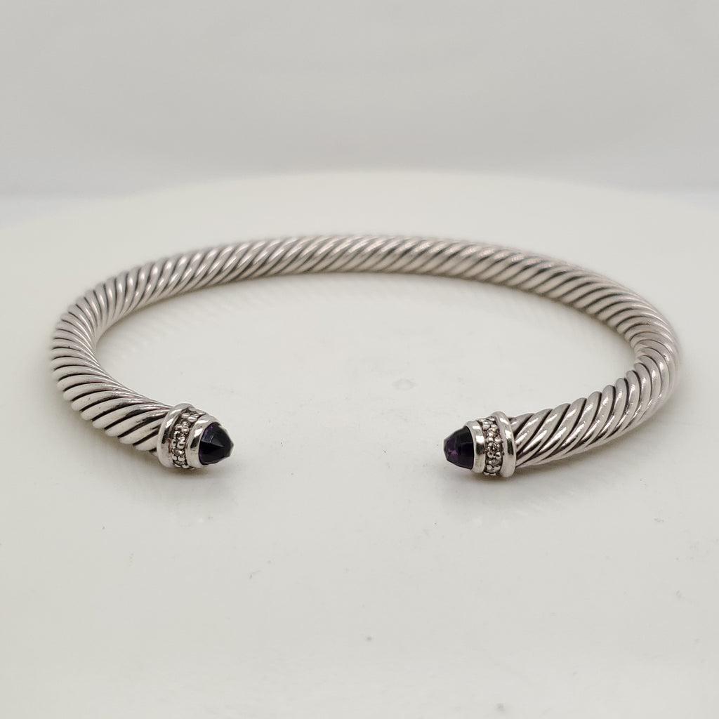 Pre - Owned David Yurman Sterling Silver Amethyst and Diamond  Cable Cuff Bracelet