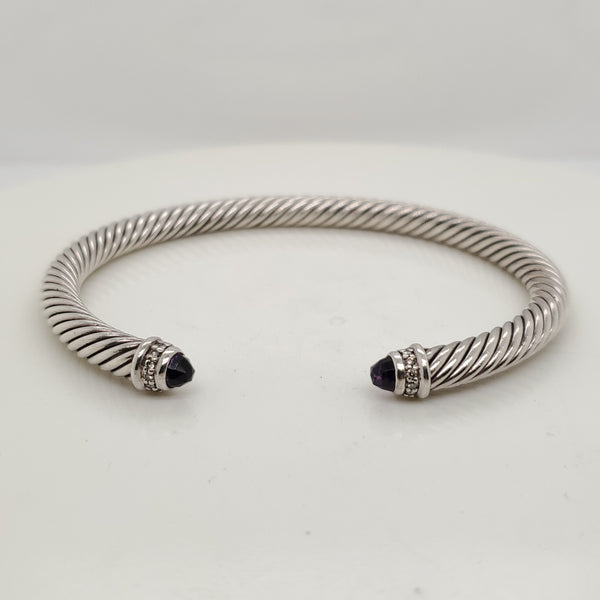 Pre - Owned David Yurman Sterling Silver Amethyst and Diamond  Cable Cuff Bracelet