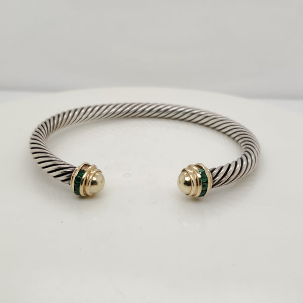 Pre - Owned David Yurman Sterling Silver and Yellow Gold Emerald Station Cuff Bracelet