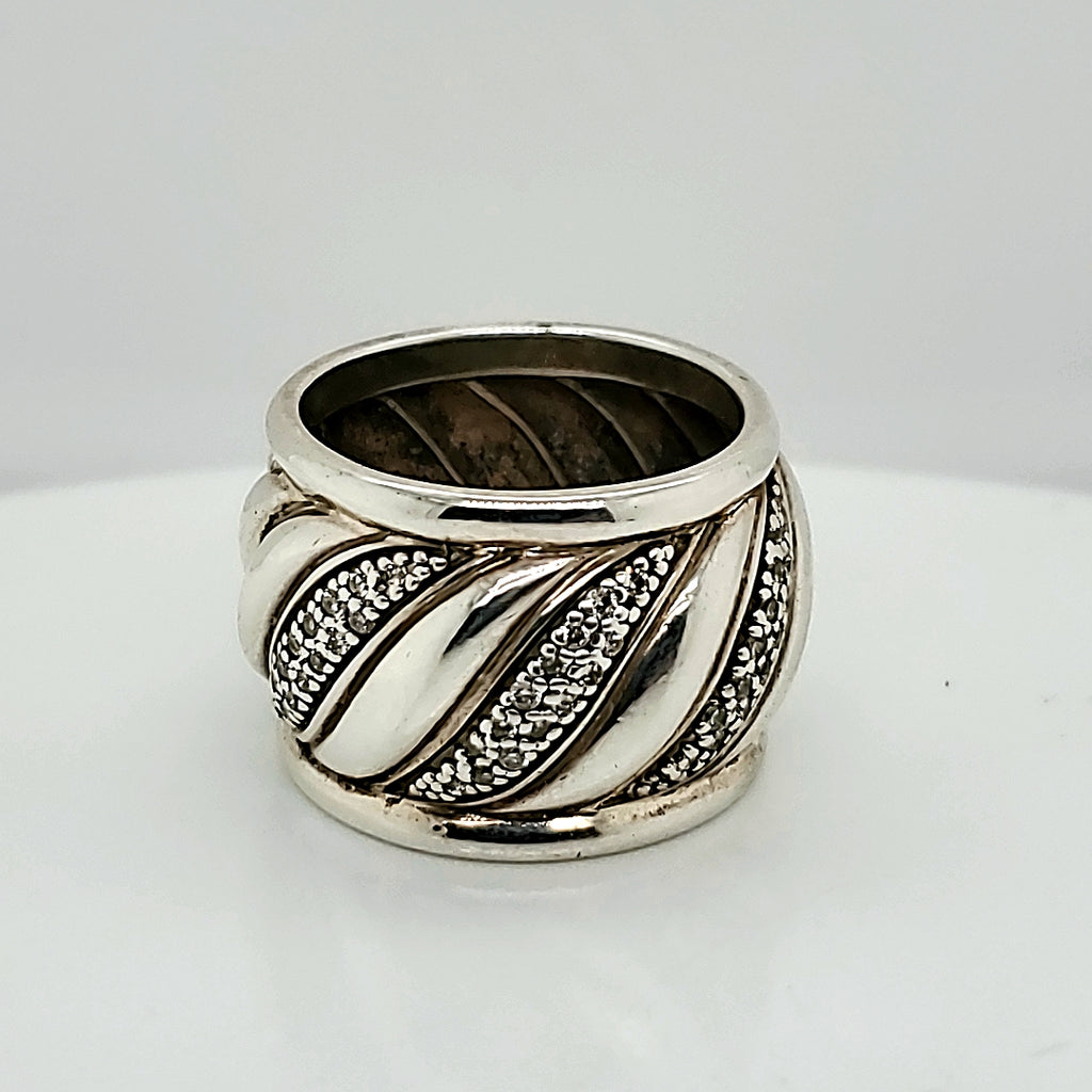 Pre - Owned David Yurman Sterling Silver And Diamond Anvil Band