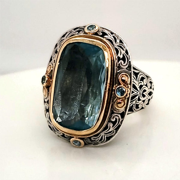 Pre-Owned Konstantino Sterling Silver And 18Kt Yellow Gold Blue Topaz Ring