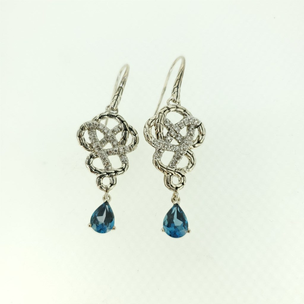 Pre - Owned John Hardy sterling silver, diamond and blue topaz earrings