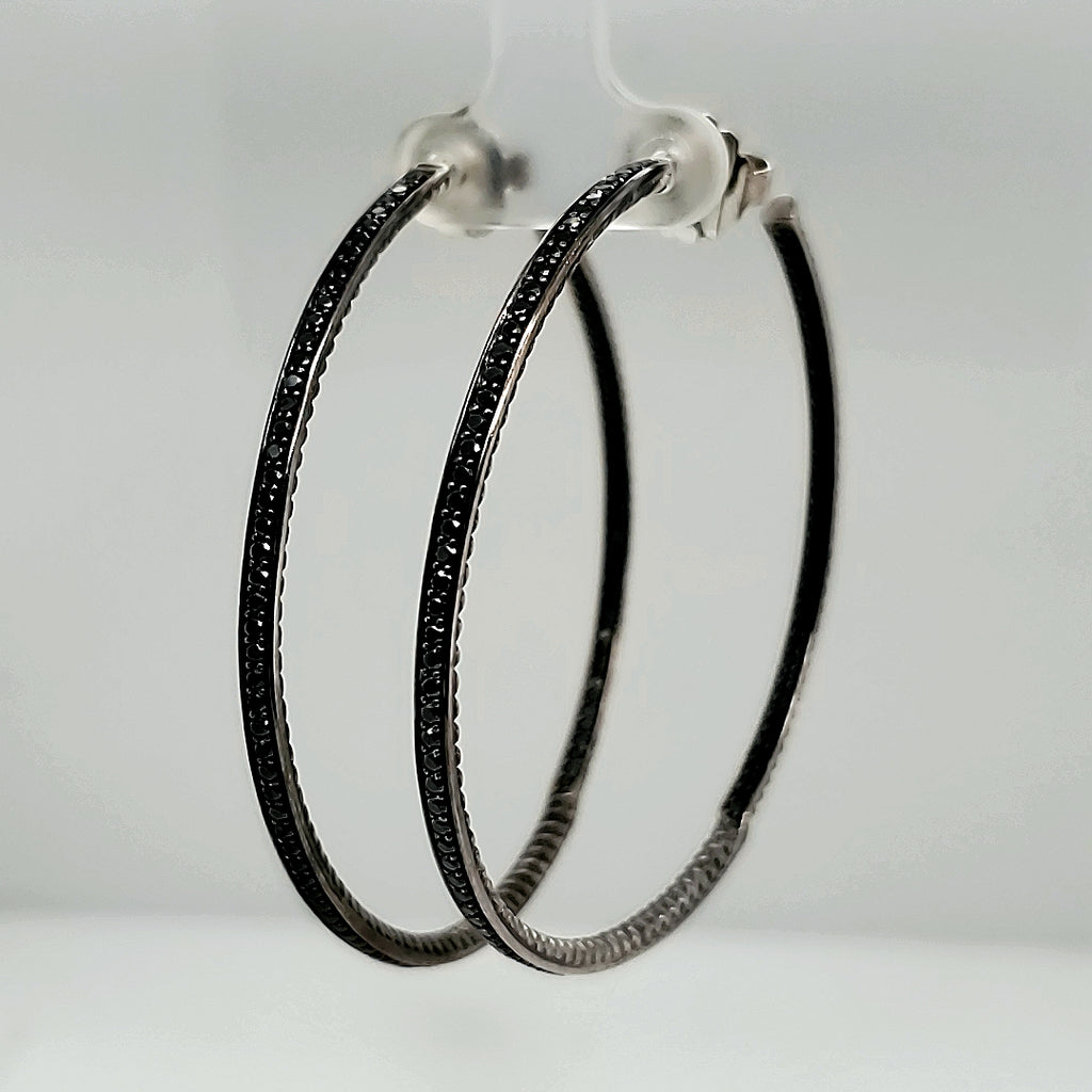 Pre-Owned David Yurman Silver and Black Diamond Hoops