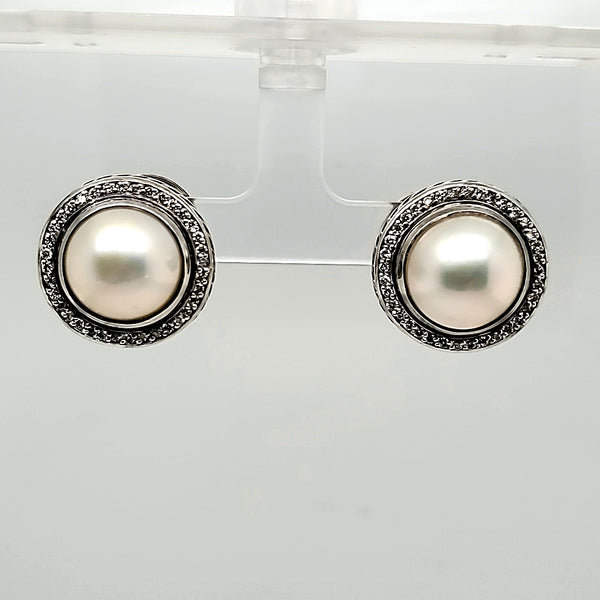 Pre-Owned David Yurman Sterling Silver Pearl and Diamond stud Earrings