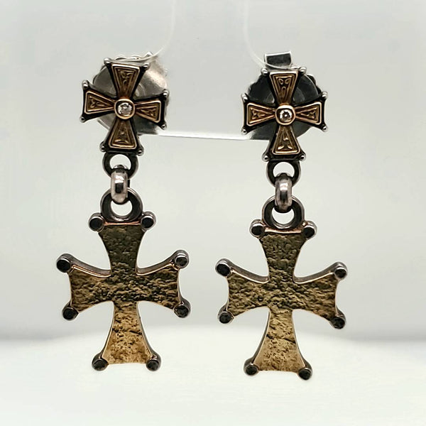 Pre-Owned Konstantino Sterling Silver And 18Kt Yellow Gold Diamond Cross Earrings