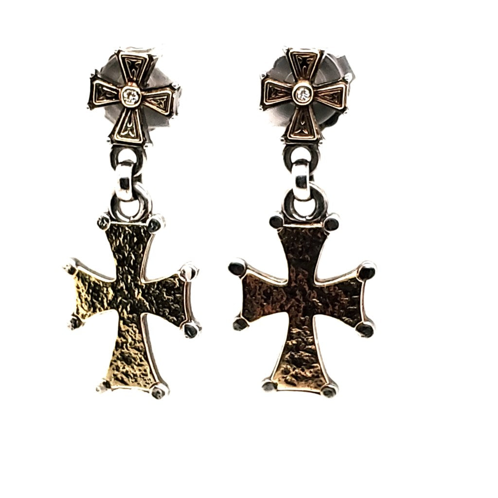 Pre-Owned Konstantino Sterling Silver And 18Kt Yellow Gold Diamond Cross Earrings