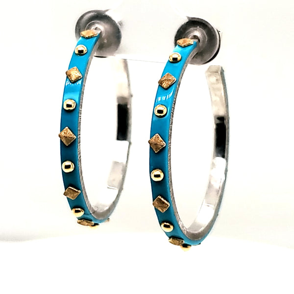 Jude Frances Sterling Silver And 18Kt Yellow Gold Blue Enamel Hoop Earrings