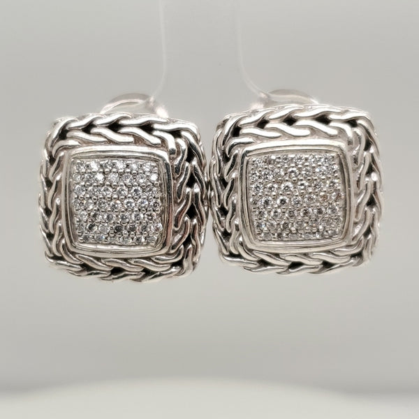 John Hardy Classic Chain Sterling Silver and Diamond Earrings