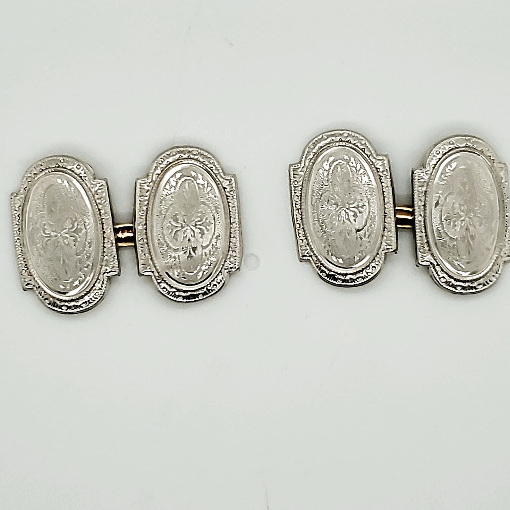 Art Deco Platinum on Yellow Gold Engraved oval cufflinks