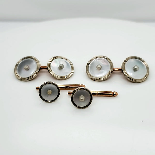 Vintage 10Kt Gold Mother Of Pearls And Pearl Cuff Link Set