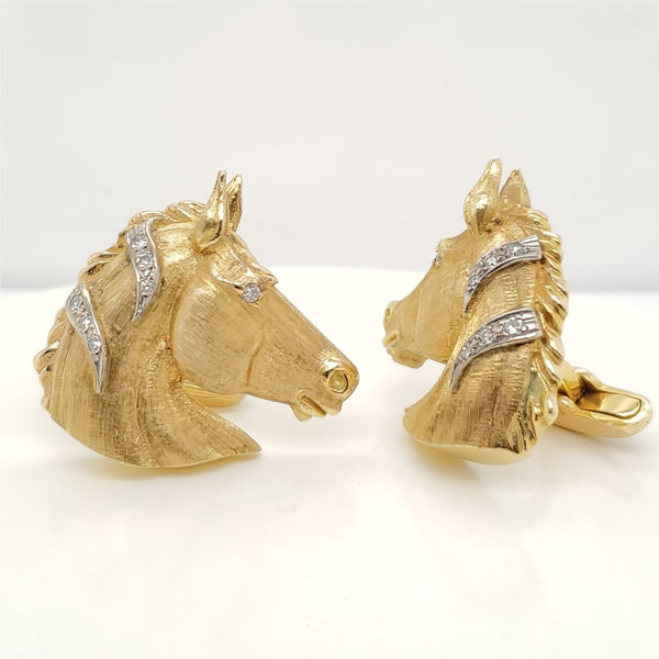 14kt Yellow gold and Diamond Horse Head Cufflinks