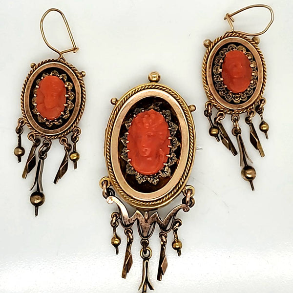 Antique Victorian 14kt Yellow Gold Red Coral Earrings and Brooch Suite
