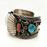 Sterling Silver Turquoise and Coral Watch Band