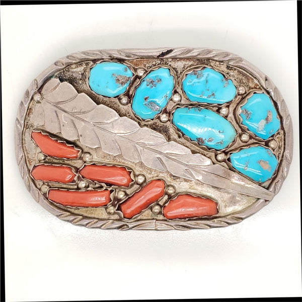 Sterling Silver Turquoise and Coral Belt Buckle